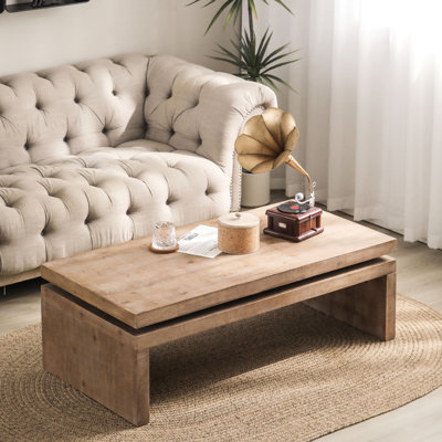 Table basse rectangulaire en bois naturel brun, 121 cm L x 60 cm l x 41 cm H, style rustique moderne, avec structure, 118 cm L x 62 cm l x 40 cm H, pour salon