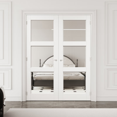 Porte française intérieure en verre transparent de 64 po x 80 po à 3 verres avec quincaillerie argentée et loquet et levier de porte, dalle de porte en verre trempé sécuritaire, pouvant être peinte et imperméable, combinaison pour la lessive, portes de placard, portes de pièce, assemblage requis