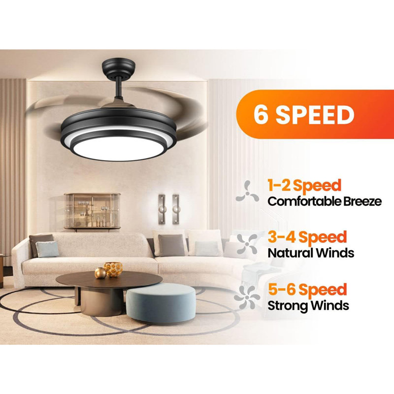 Modern 36 Inches Black Reversible Ceiling Fan With Dimmable LED Light, 6 Speed, Remote Control, For Bedroom Live Room