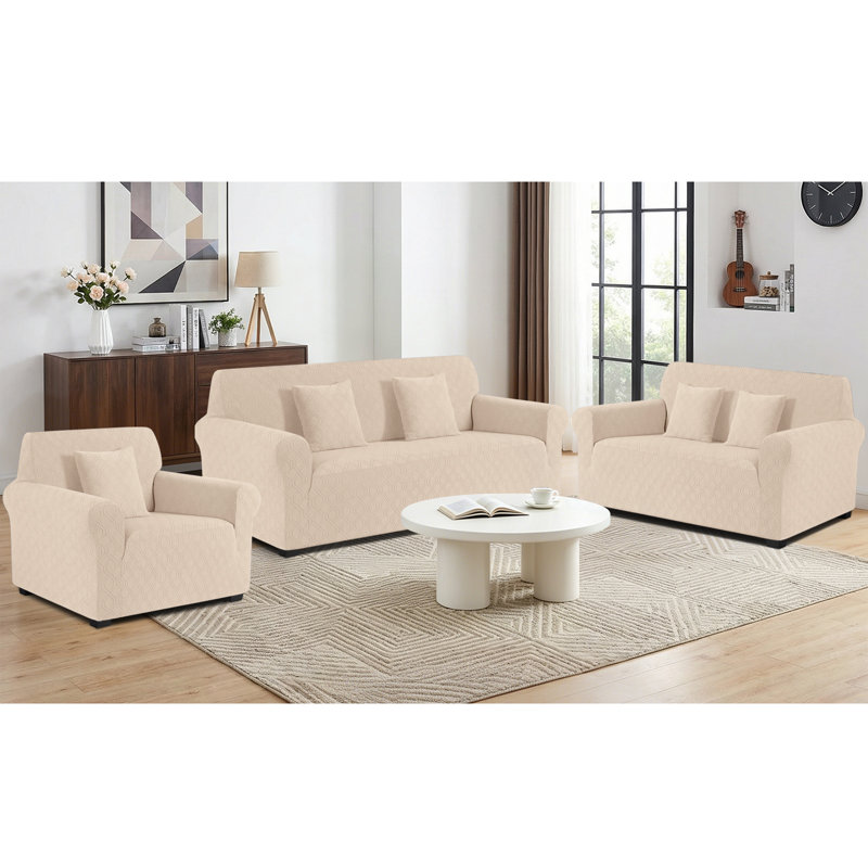 Housses pour canapé 1 pièce Wald en jacquard toutes saisons avec housse de coussin, Mélange de polyester beige