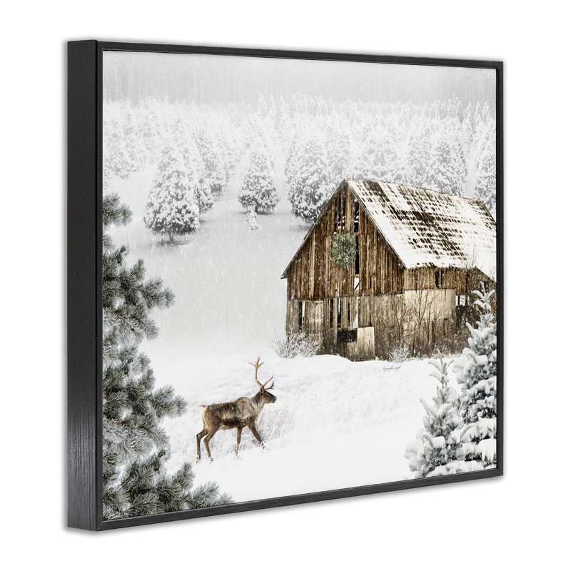 Winter White Cabin avec cerf, estampe numérique, design par Jennifer Pugh, H 11 po x l 14 po, Giclée encadrée noir minuit