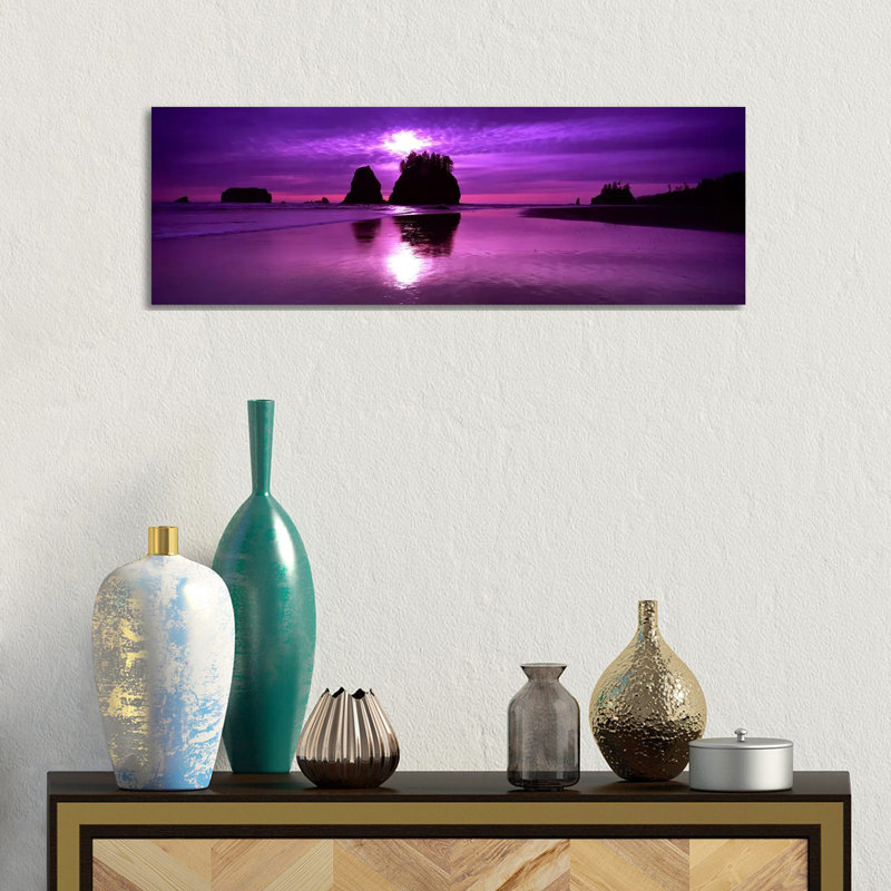 Silhouette Of Sea Stacks At Sunset, Second Beach, Olympic National PArk, Washington State, USA by Panoramic Images - Wrapped Canvas Panoramic Print
