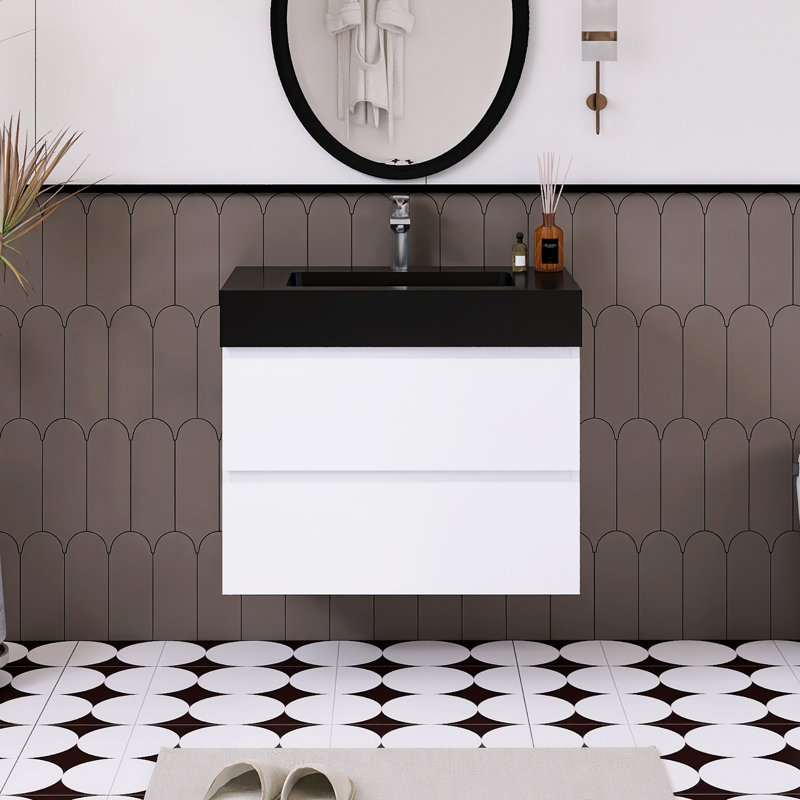 Sigolf 29.9 " W Free Standing Wall Mounted 1 Single Vanity Bathroom Vanity With Solid Surface Top, Black, White