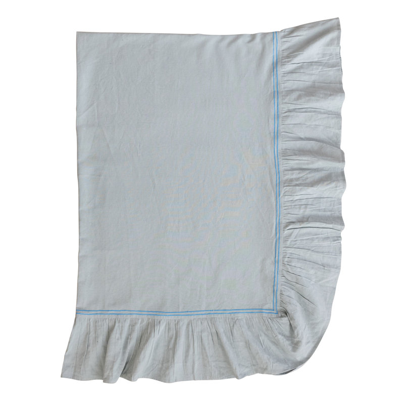 Nappe en coton et lin avec bordure brodée et bordure à volants, Bleu