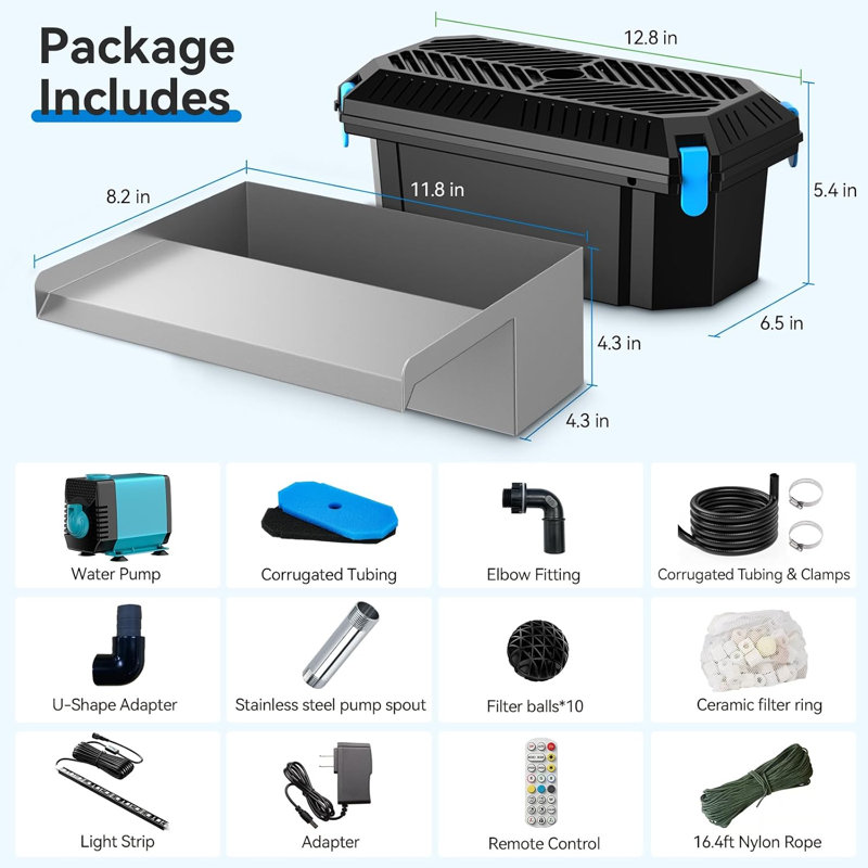 Trousse de filtration pour cascade de bassin de 30 cm avec pompe de 40 W et 660 GPH, éclairage DEL RVB et application/télécommande