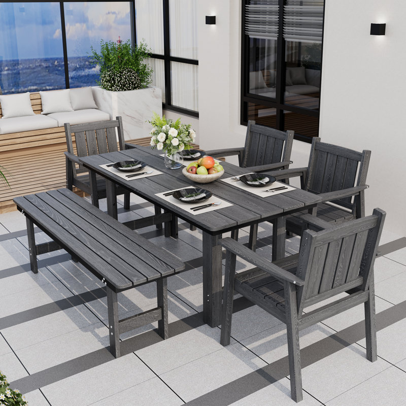 6-Piece HDPE Patio Dining Set with Rectangular Table & Bench, 6 Pieces: Table, Bench, 4 Chairs