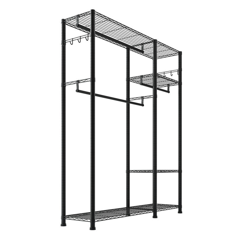 Portant à vêtements robuste en métal autoportant avec tablettes grillagées réglables, trois tiges de suspension et crochets latéraux, organisateur de rangement de vêtements d'une capacité de charge de 800 lb pour la chambre à coucher et le commerce de détail