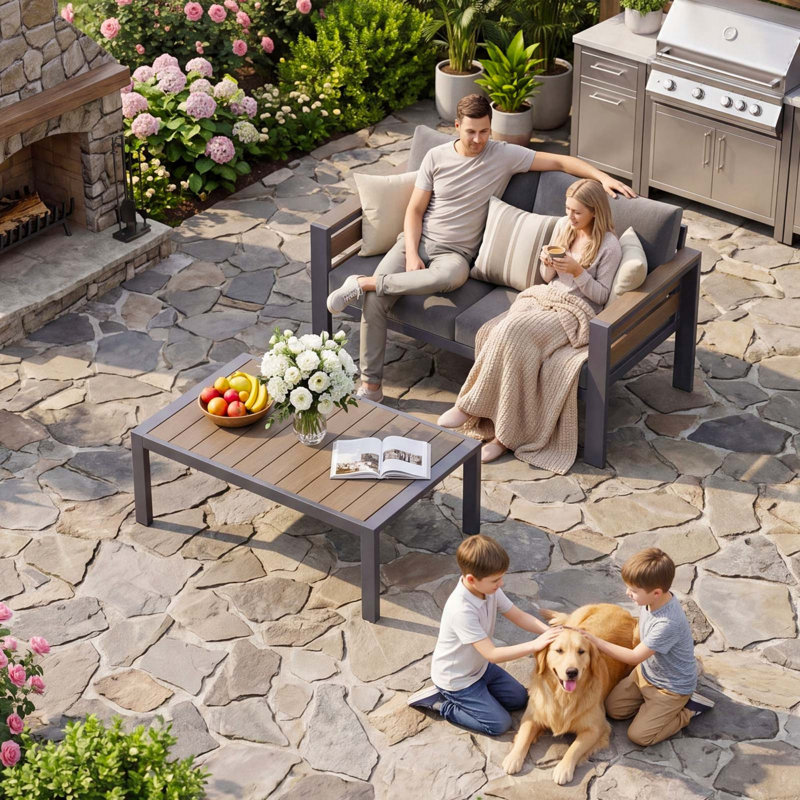 3 Piece Aluminum Patio Furniture Set, Outdoor Loveseat With Coffee Table & Cushions For Patio, Balcony