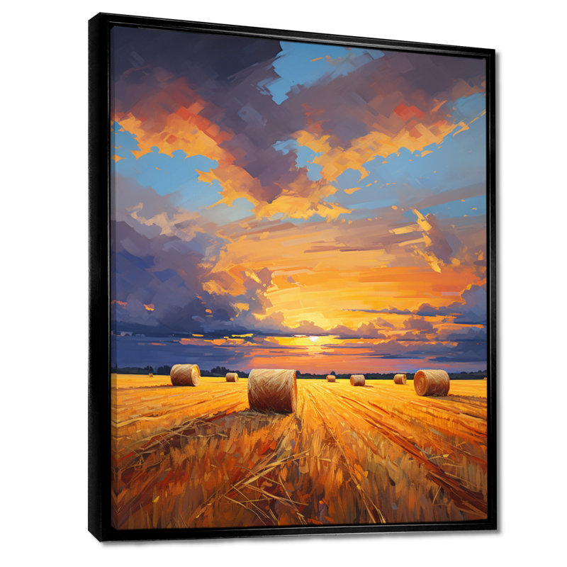 «Straw Bales On The Summer Sunset», art mural prairies, H 20 po x l 12 po, Cadre flottant brun, bois massif