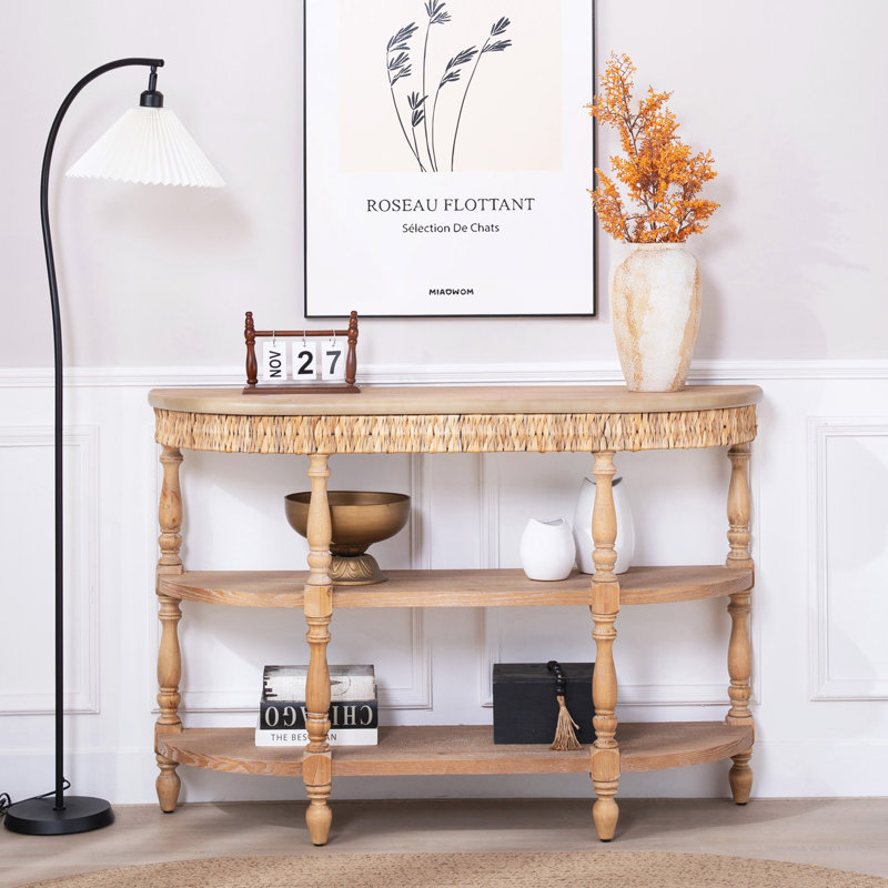 Console en bois avec garniture tissée à la main, 3 tablettes de rangement