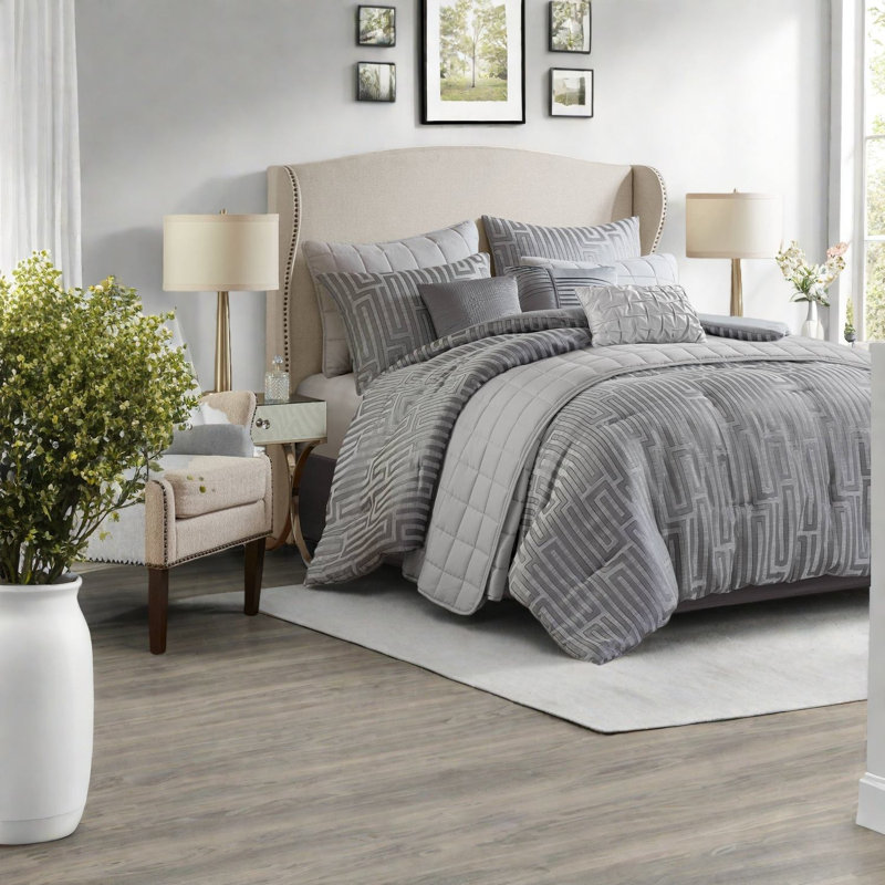 Luxurious 10 Pcs Queen Bedding Sets, Grey Polyester, All-season Elegance