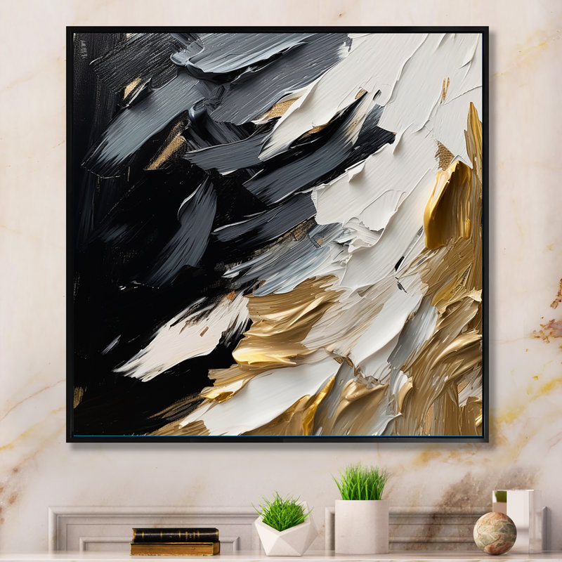 Golden Wave Reflections V - Art mural abstrait grand, H 16 po x l 16 po x P 1 po, Toile avec cadre flottant noir