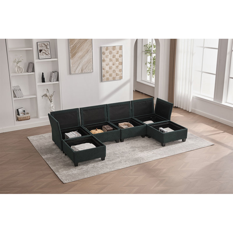 Canapé modulaire modulaire à 6 places avec méridienne, repose-pieds de rangement et aménagement convertible en forme de U pour des espaces de vie flexibles.
