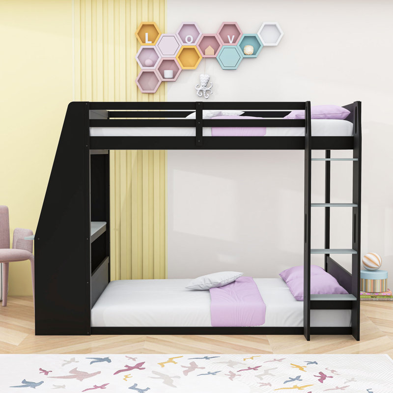 Lit superposé en bois avec bureau intégré, port USB, lumières DEL et tablettes de rangement, Double sur double, Black Grey