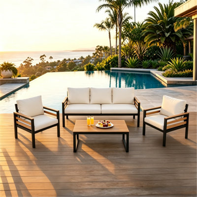 4-Pieces 5 Seater Outdoor Patio Conversation Set, With Solid Acacia Wood Armrests & Coffee Table, Removable Cushioned Sofa Furniture, For Backyard Garden Poolside, Beige