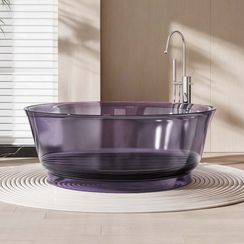 Transparent Violet 59" Bowl Shape Solid Surface Bathtubs, Luxury Round Tub With Drain