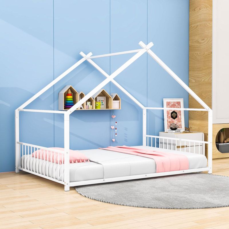 House Bed With Playhouse Design And Headboard, Full, White