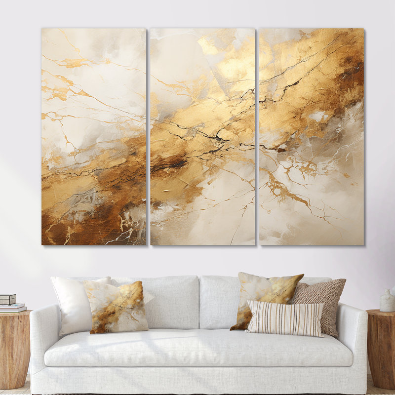 «Beige and Gold Marble Lightning I», ensemble d'art mural sur toile à formes abstraites, H 60 po x l 84 po x P 1,5 po