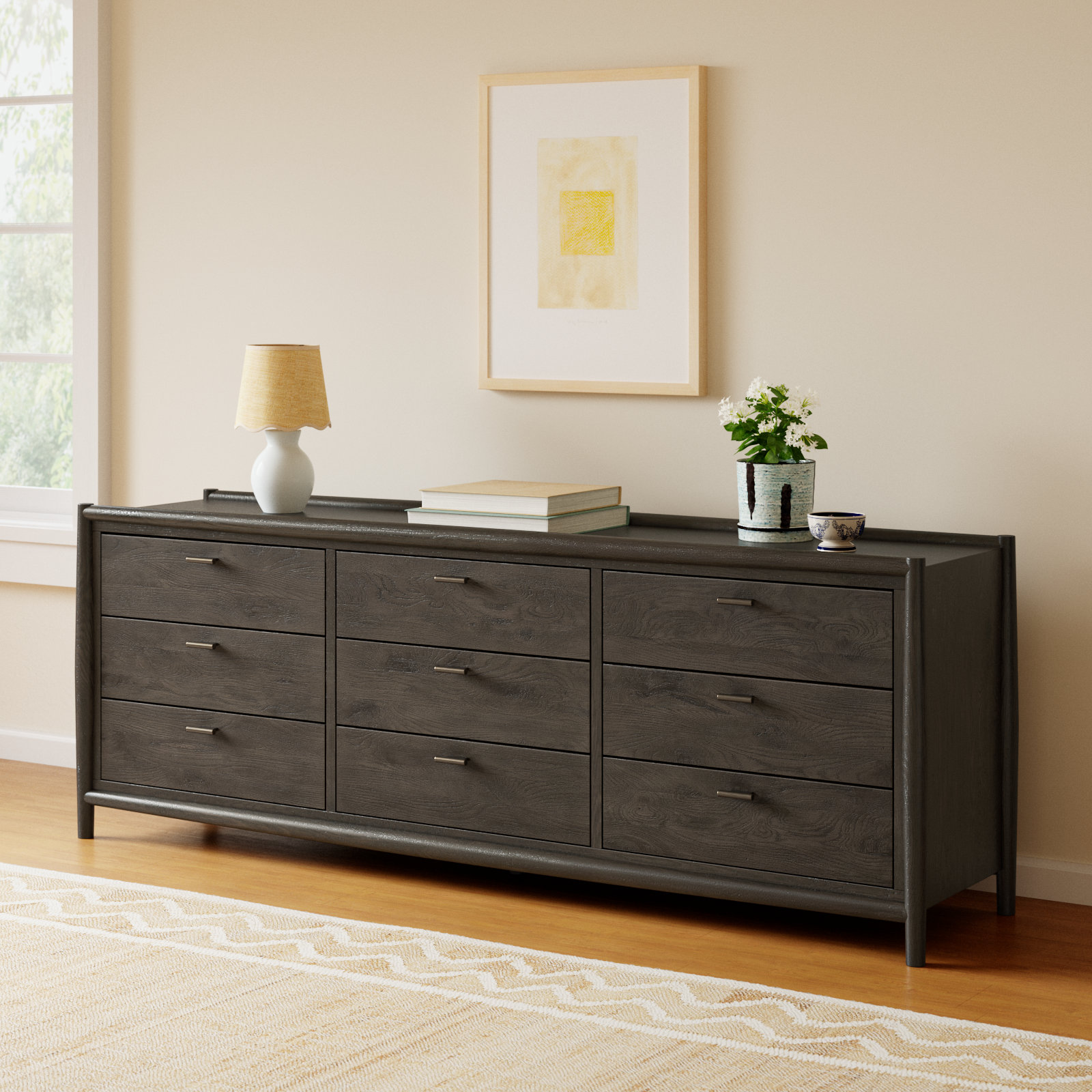 Cayenne 9 Drawer 85" W Solid Wood Dresser, Smoked Black