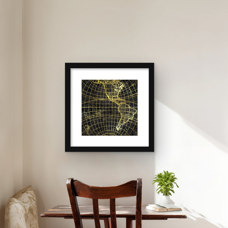 «Black and Marine World Map Globe», reproduction encadrée moderne