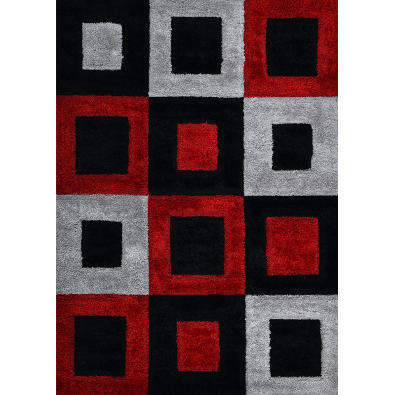 Tapis géométrique moderne RugGuy - Carrés rouges et noirs - pour salon, salle à manger - 160 x 220 cm, ne peluche pas, facile à nettoyer