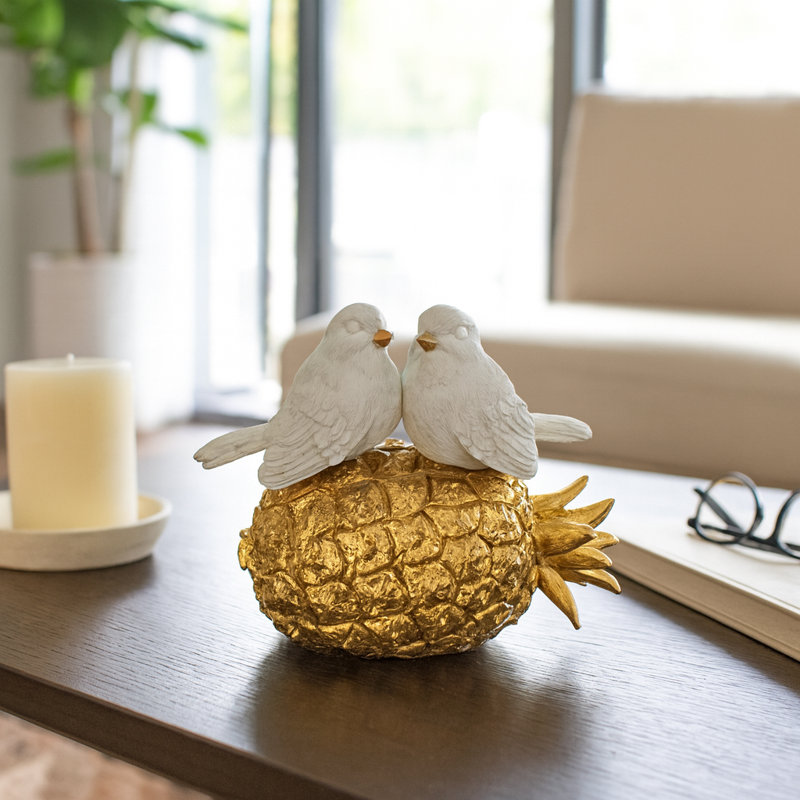 Decorative Kissing Birds on Pineapple Figurine Object for Home Decor - Modern Sculpture for Living Room Decoration or Table Styling - 8", White & Gold