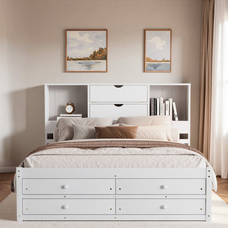 Lit plateforme avec tête de lit avec rangement et 8 tiroirs, Blanc, Grand