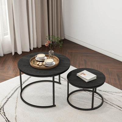 Set Of 2 Round Nesting Coffee Tables, Black Wood-Top Center Tables For Living Room, Office, Or Small Spaces, Stackable Side Tables With Sturdy Construction And Easy Assembly