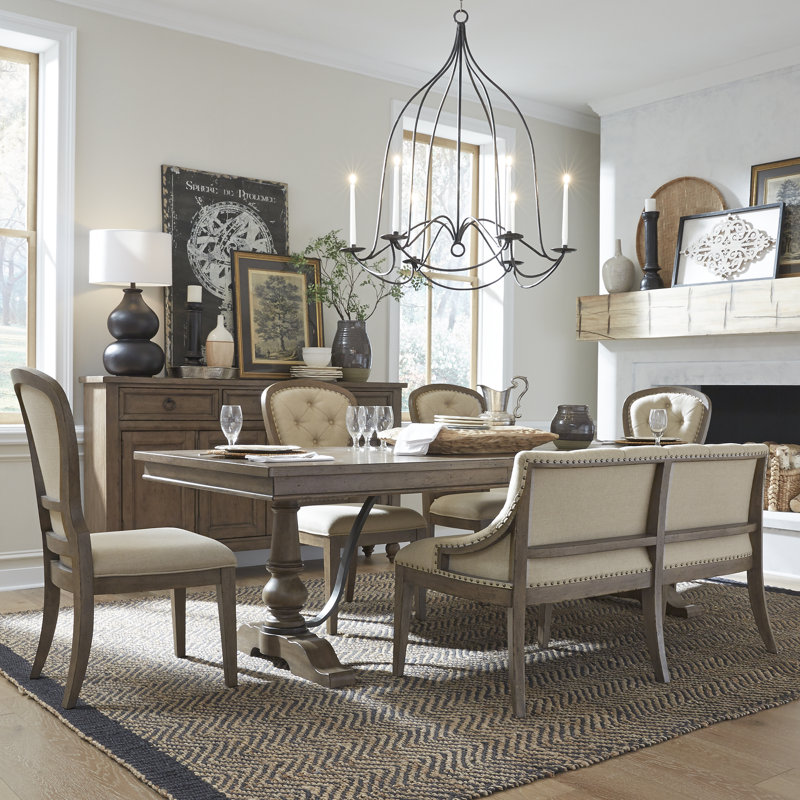 Aisja Trestle Dining Table Set w/ 4 Upholstered Chairs & 1 Bench