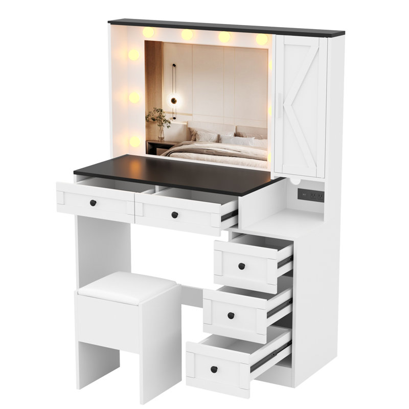 Ensemble de coiffeuse et tabouret de maquillage avec miroir, ensemble de 3 coiffeuses réglables avec 5 tiroirs, armoire et station de charge, maquillage en bois