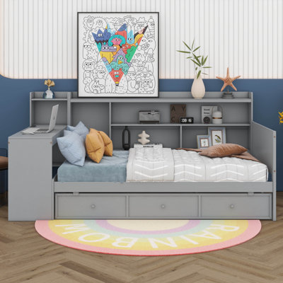 Twin Size Wooden Daybed With 3 Drawers & Bookcase, Corner Bed With Desk & USB Ports, Headboard For Bedroom Living Room
