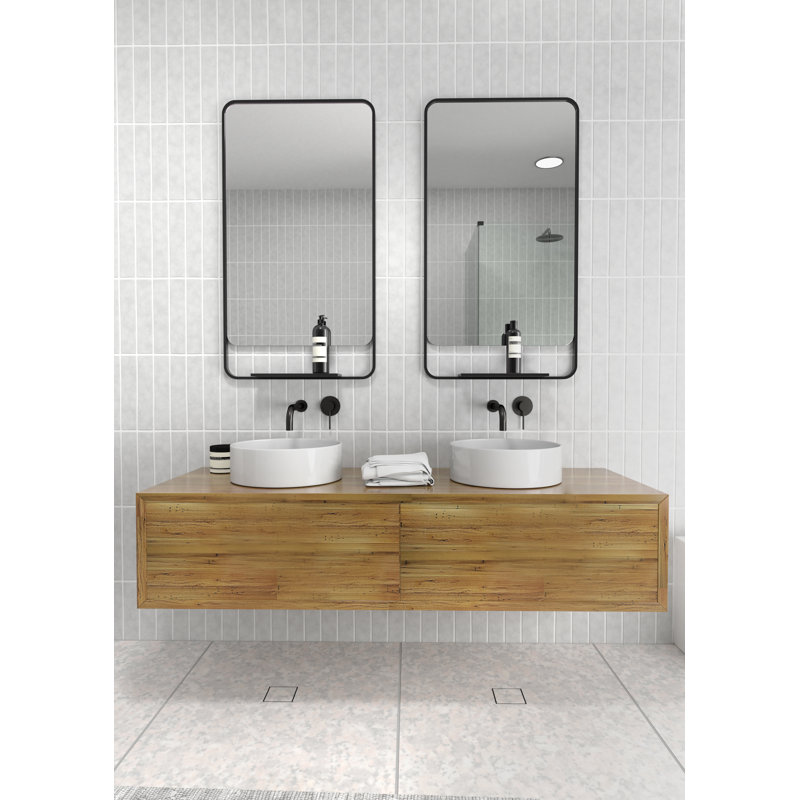 Radius Corner Bathroom / Vanity Mirror with Shelves, Black