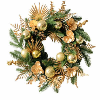 Holiday Front Door Wreath with Golden Ornaments, Metallic Florals and Evergreen Branches