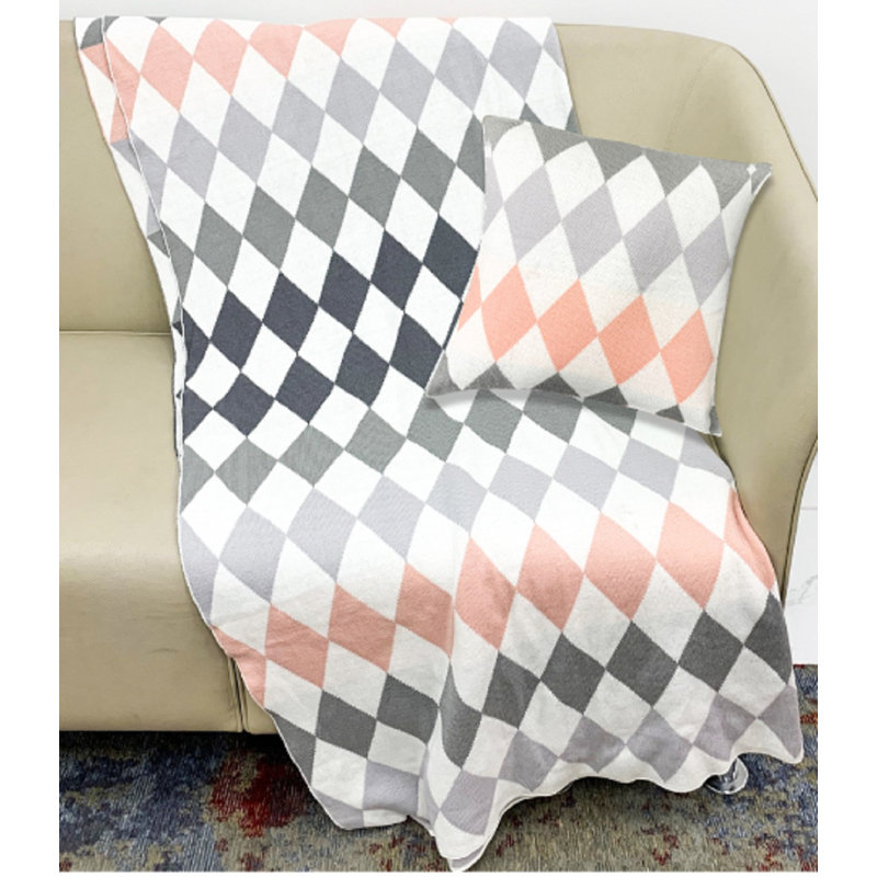 Knitted Throw Blanket, Pink/Gray/White