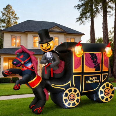 10FT Long Halloween Inflatables Built-In LED Light Pumpkin-Headed Horse Carriage, Giant Halloween Decorations Outdoor Blow Up Yard Decorations Spooky Ghost Carriage Halloween Blowups For Lawn Party