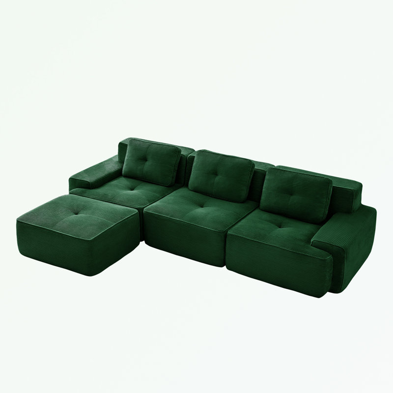 Canapé modulaire en L en velours côtelé avec siège profond et repose-pieds mobile, Velours côtelé vert