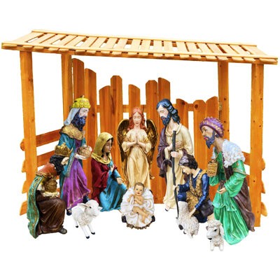 12 Piece Outdoor Nativity Figurine Set with Wooden Crèche