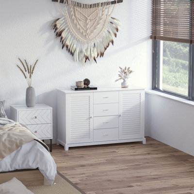 Buffet, armoire de cuisine, armoire à café avec 4 tiroirs et 2 portes à persiennes pour le salon, la cuisine, blanc