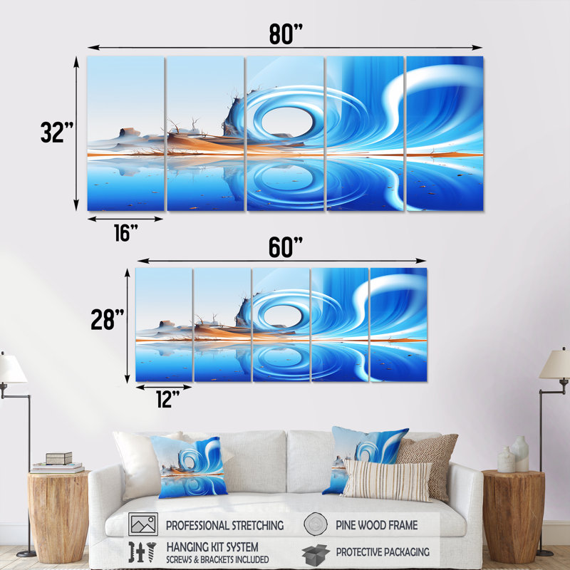 «Fractal Blue and White Fusion II», ensemble d'art mural abstrait 5 pièces, H 28 po x l 60 po