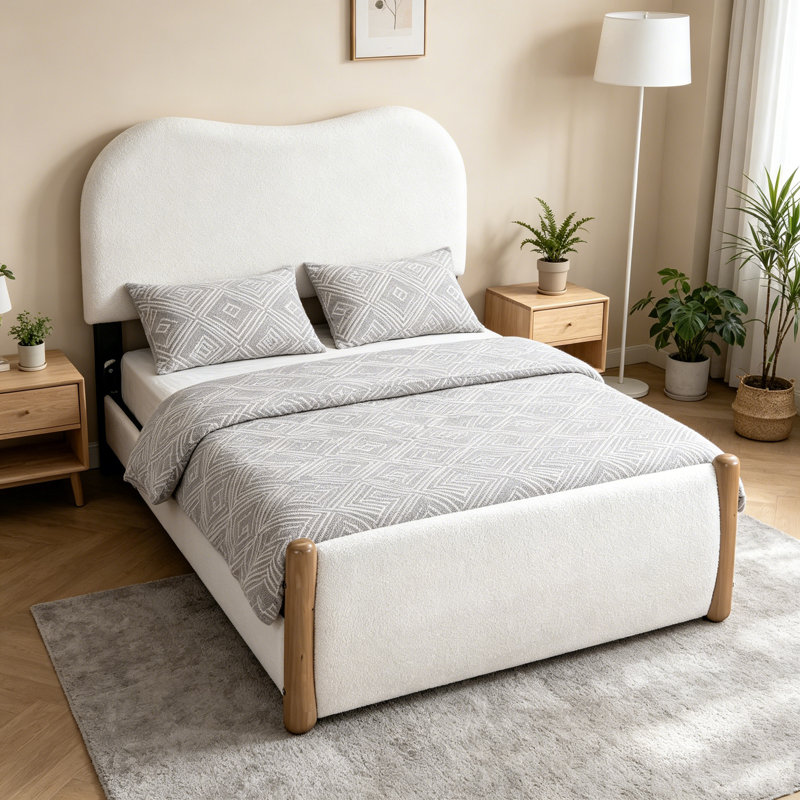 Lit plateforme simple tapissier blanc avec pieds de support en bois et lit gigogne simple, Twin, White