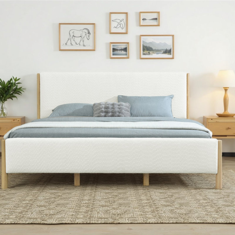 Structure de lit moderne tapissier blanc avec pieds en bois d'hévéa, grand et très grand, sans sommier tapissier