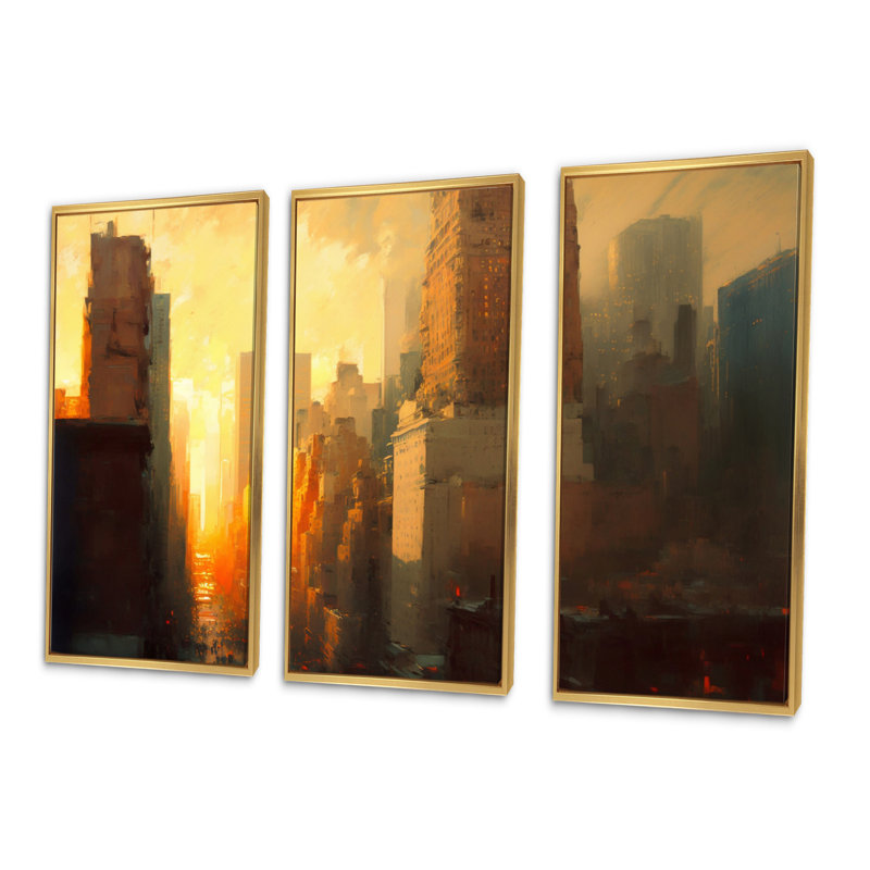 «Beautiful Sunset In New York II», reproduction sur toile 3 pièces, H 32 po x l 48 po x P 1 po, Toile à cadre flottant doré
