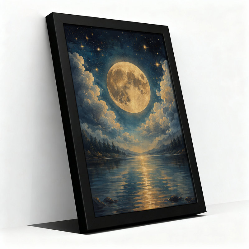 Toile dorée dorée pleine lune au-dessus du lac réfléchissant, H 36 po x l 24 po