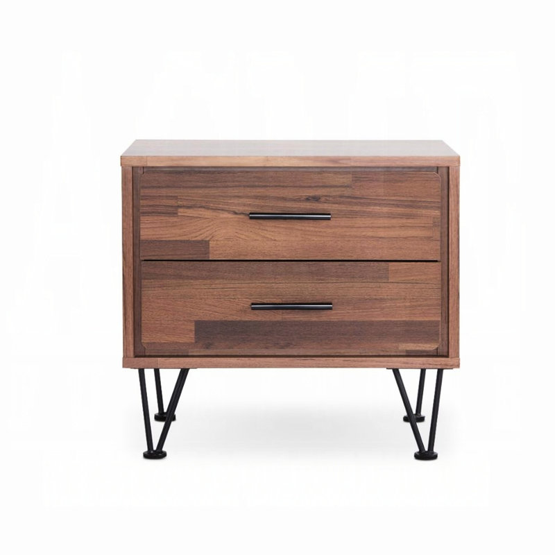 Table de chevet en noyer avec 2 tiroirs et pieds en métal