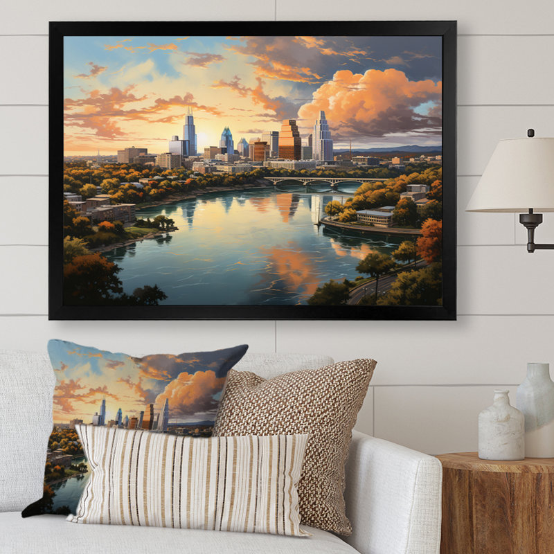«Austin Dynamic Cityscape IV - Austin», art mural encadré, Cadre photo noir, H 16 po x l 32 po x P 1 po