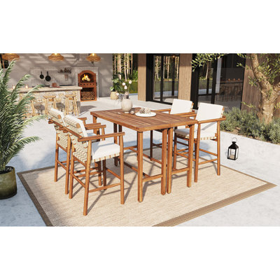  6-Piece Outdoor Bar Set with High Top Table and 4 Rope Woven Bar Stools, Patio Dining Furniture, Natural+Beige