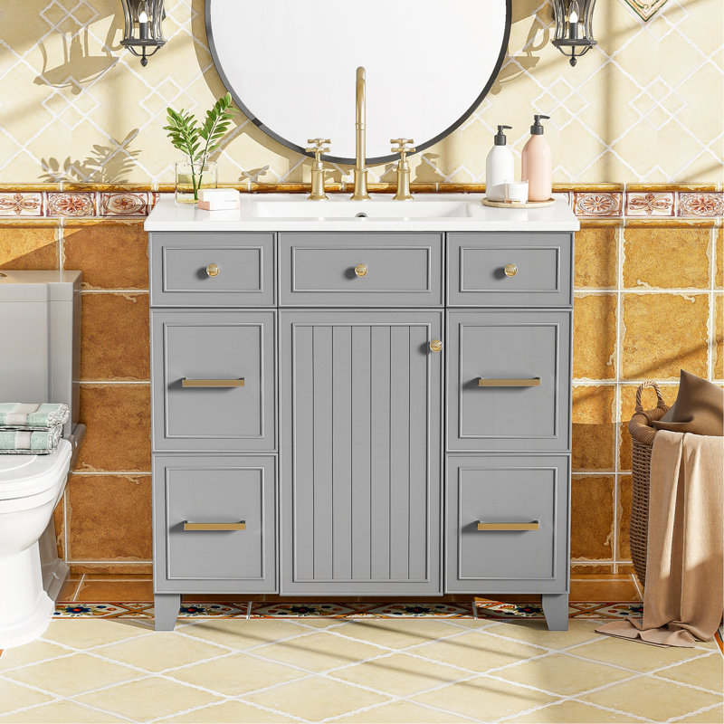 Meuble-lavabo 36 po avec lavabo en céramique gris, structure en bois massif, portes à fermeture en douceur, tablettes réglables, 3 tiroirs, y compris un tiroir à double profondeur pour le rangement du sèche-cheveux