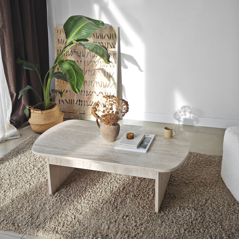 Table basse moderne, couleur travertin, 41,3 po x 13,8 po x 23,6 po | 100% panneau de particules enduit de mélamine avec bande de chant en PVC, épaisseur: 0,71 pouce | Design élégant en marbre, parfait pour le salon et les espaces contemporains