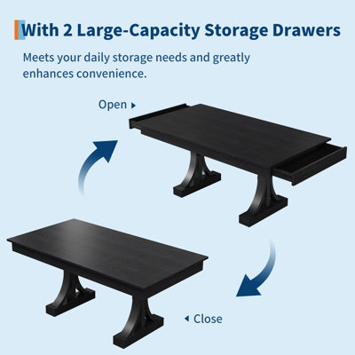 71" Dining Table with 2 Drawers, Rectangular Table for 6-8, Double C-Shaped Pedestal, Large Kitchen Table