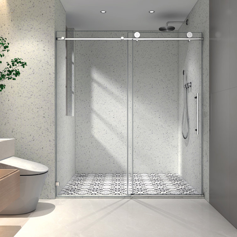 6076 Frameless One Fixed And One Shifted Shower Door, 70MM 304 Stainless Steel Large Pulleys With Adjustable Soft Closing Function,With Nano Easy Cleaning And Stick Explosion-Proof Menbrance